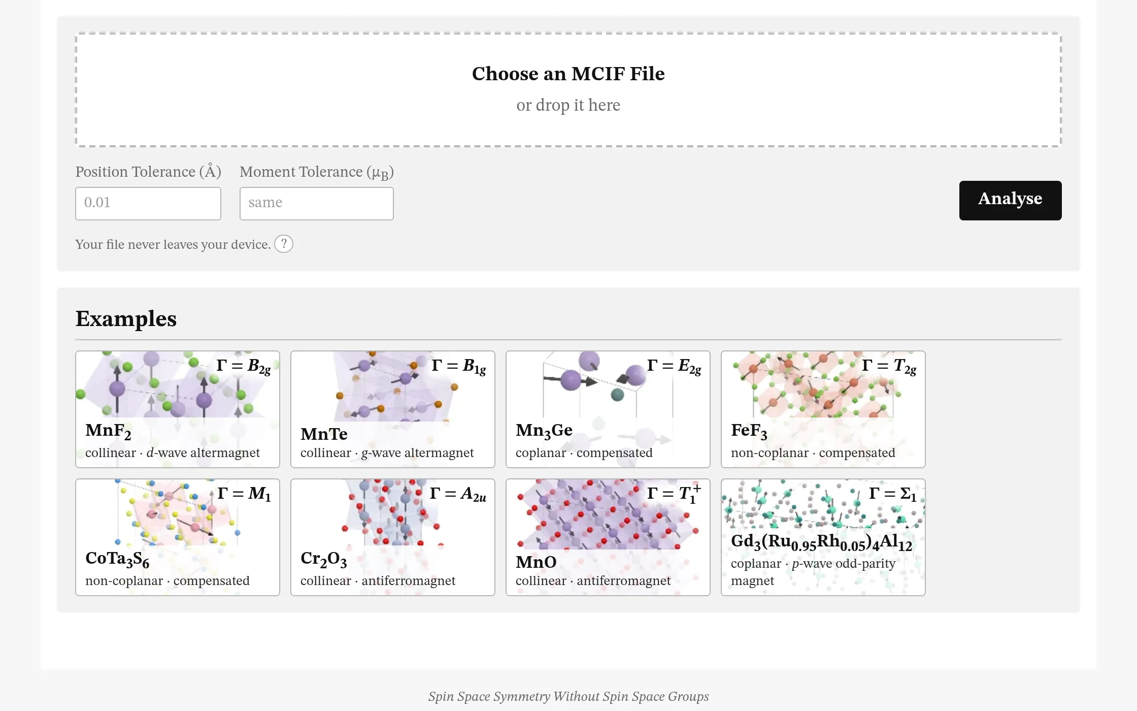 Find Γ's front page: the box to choose or drop an MCIF file, the tolerances and the examples.