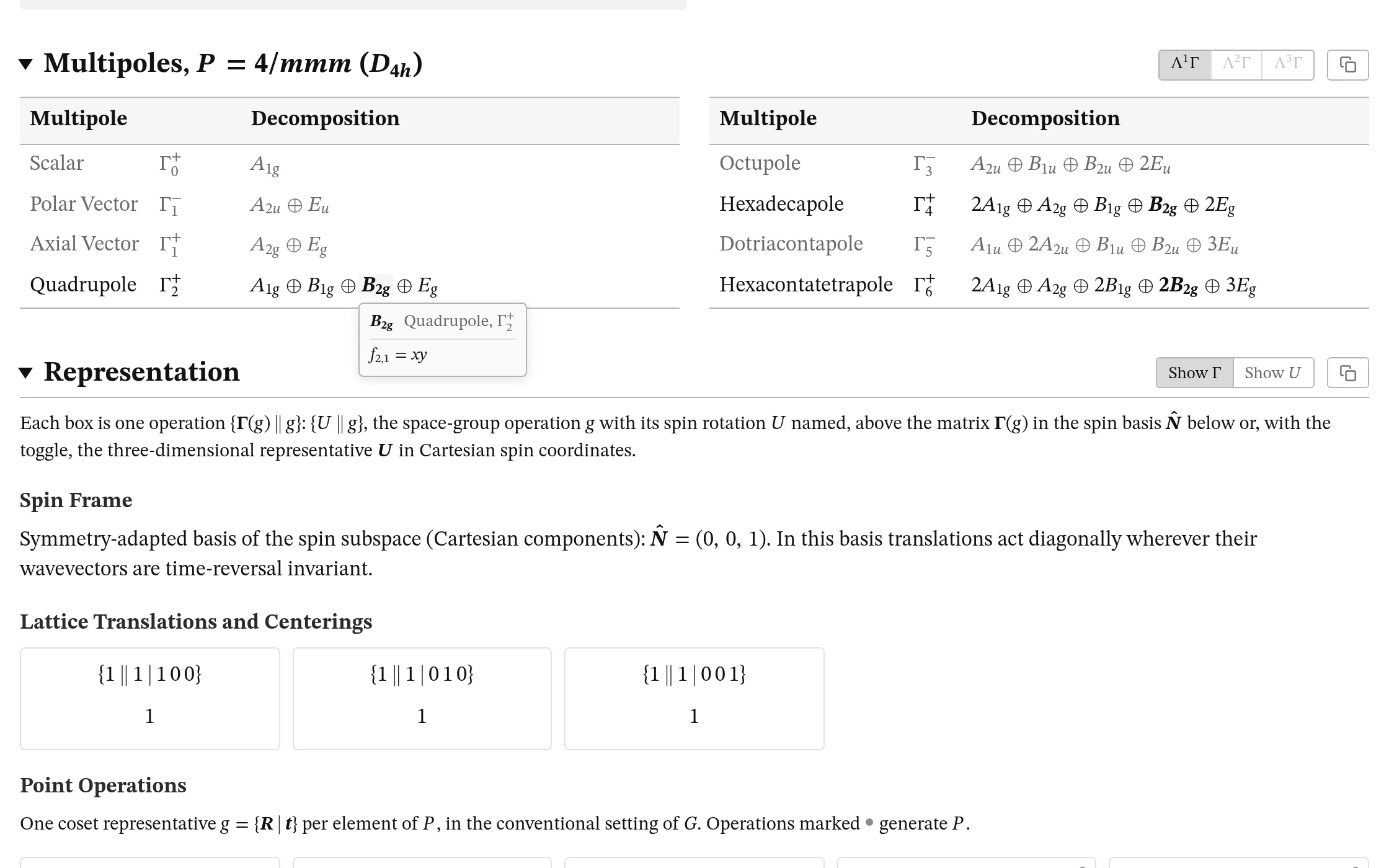 MnF₂'s multipoles, Λ¹Γ's irreps in bold and a quadrupole's functions in a card, and the start of its representation.