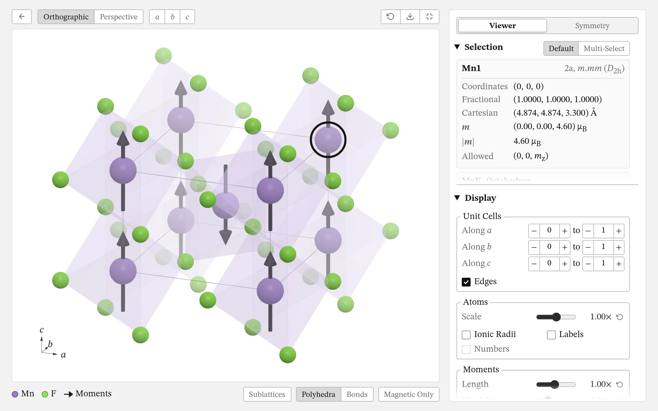 MnF₂ filling the window: a manganese atom chosen, its card in the sidebar.
