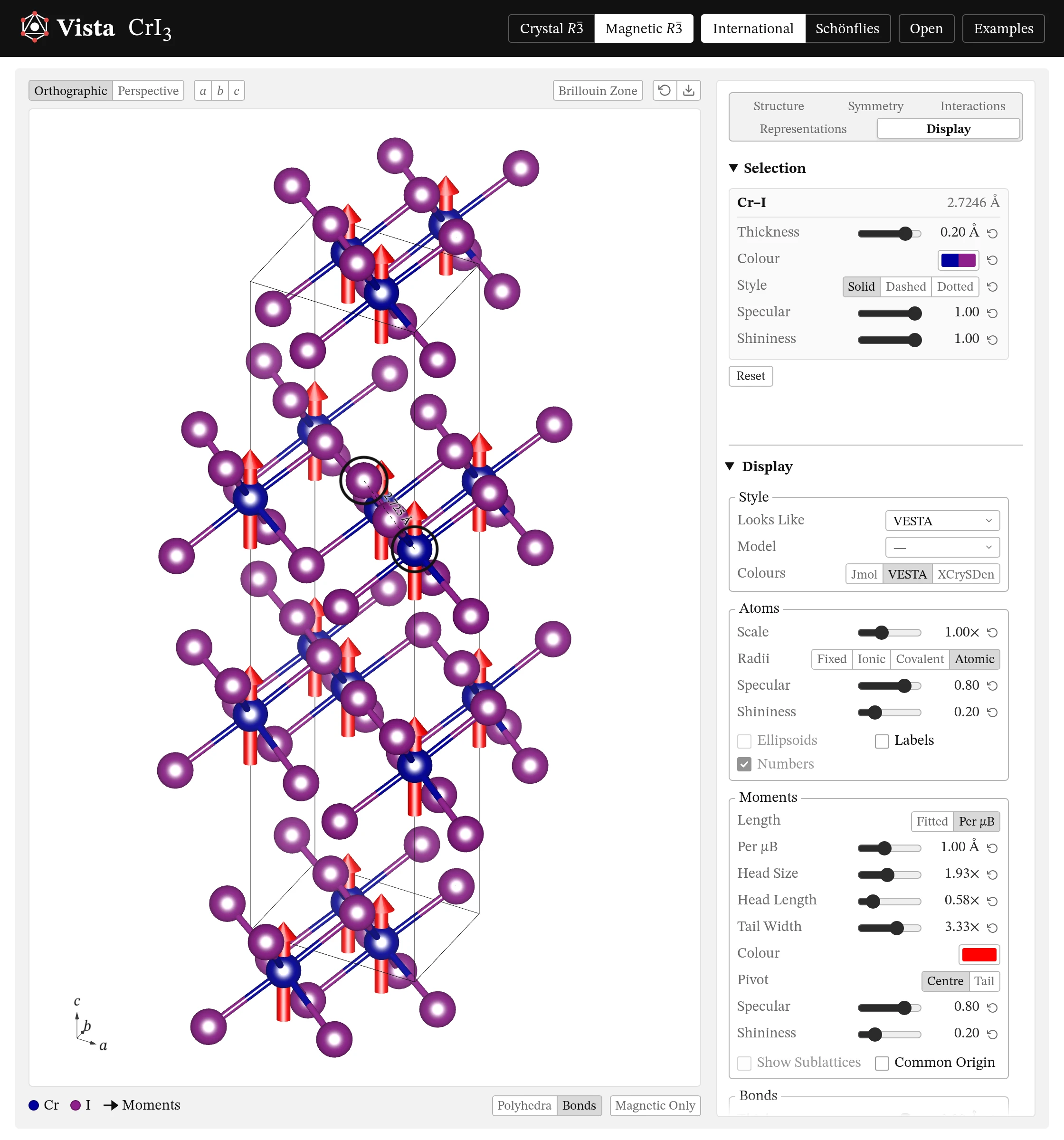 CrI₃ in VESTA's look, with the top of the Display page: style, atoms, moments and bonds.