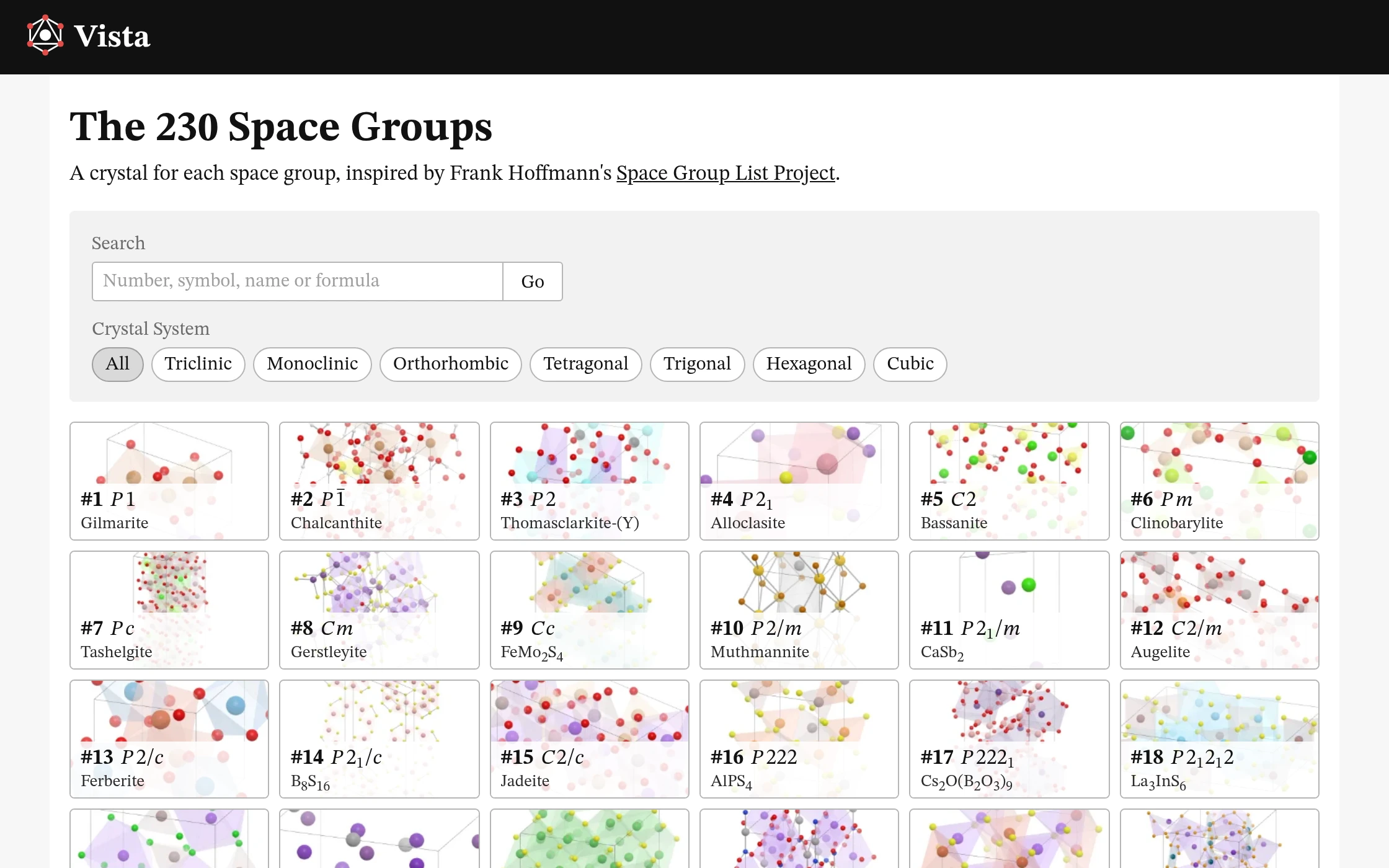 The 230 space groups' page: a search box and a card for each group's crystal.