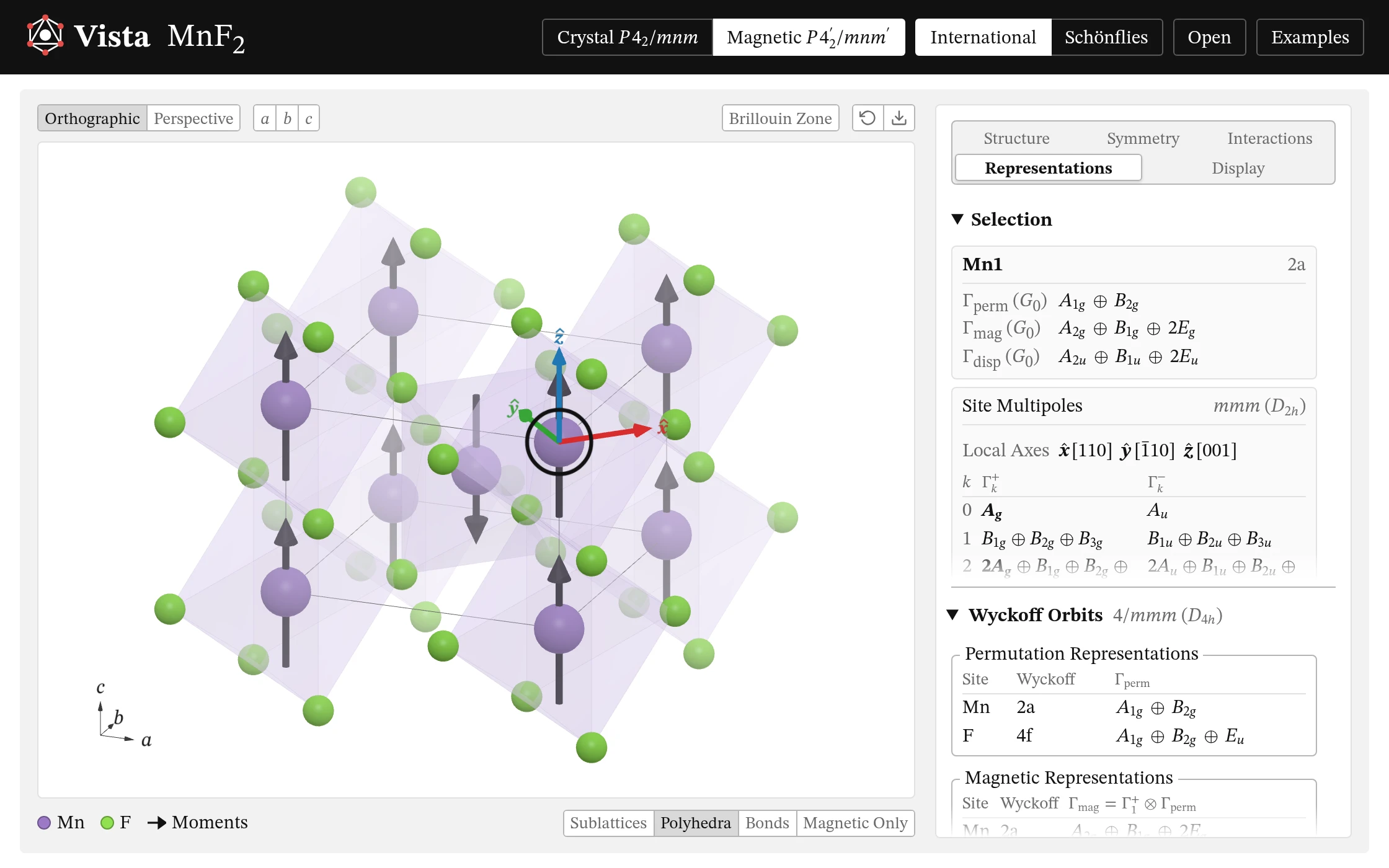 MnF₂'s Representations page: a manganese atom chosen, its representations, its site's multipoles and local axes.