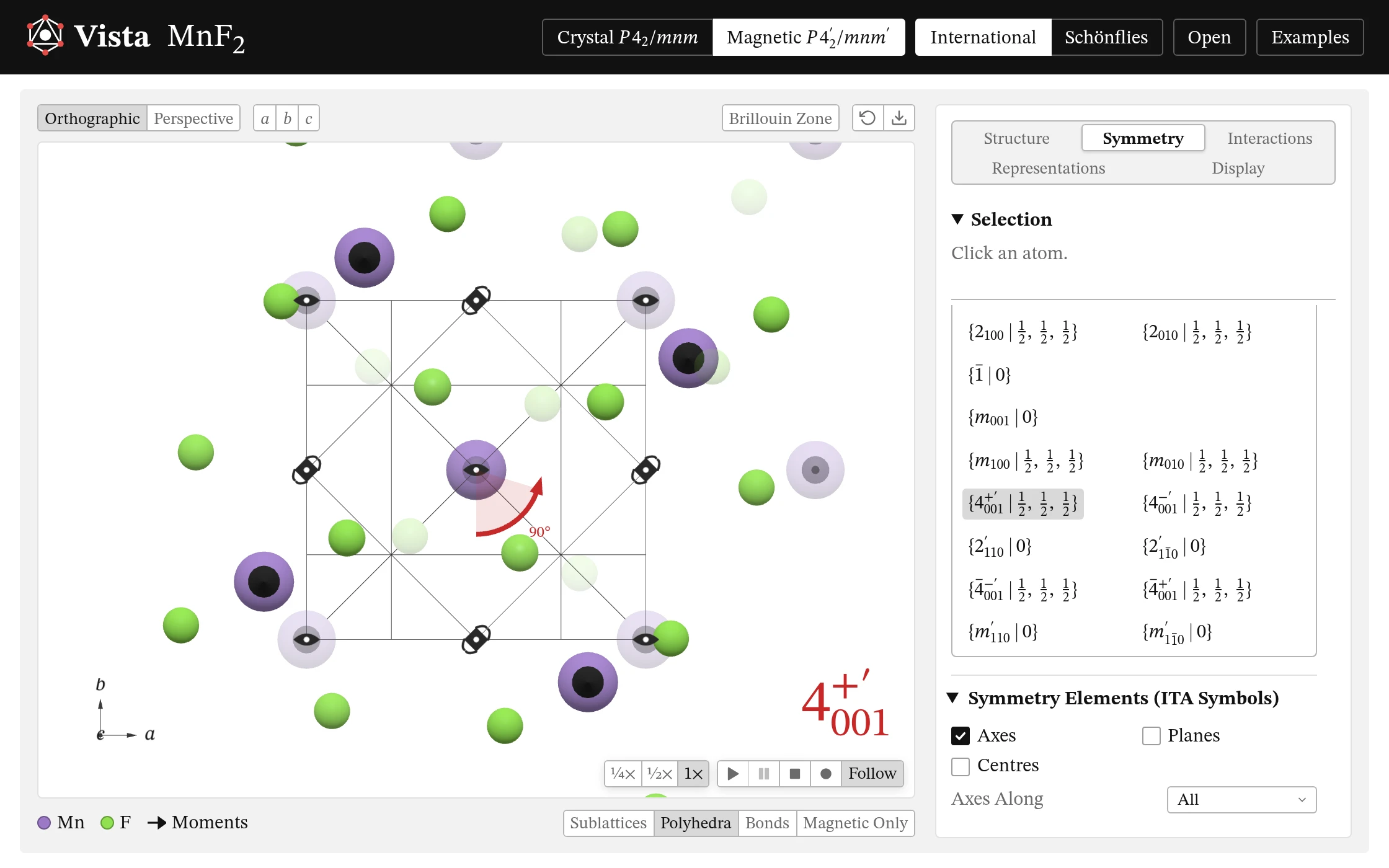 MnF₂'s Symmetry page: a fourfold screw rotation caught as it plays, the symmetry axes drawn.